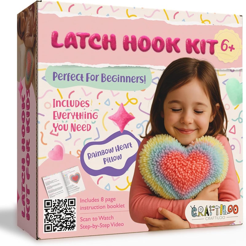 CRAFTILOO Latch Hook Kit for Kids Rug DIY Pillow Craft with Hook, Precut Yarn, Easy to Follow Pattern Cute Designs with Rainbow Heart Ages 6+ - Image 1